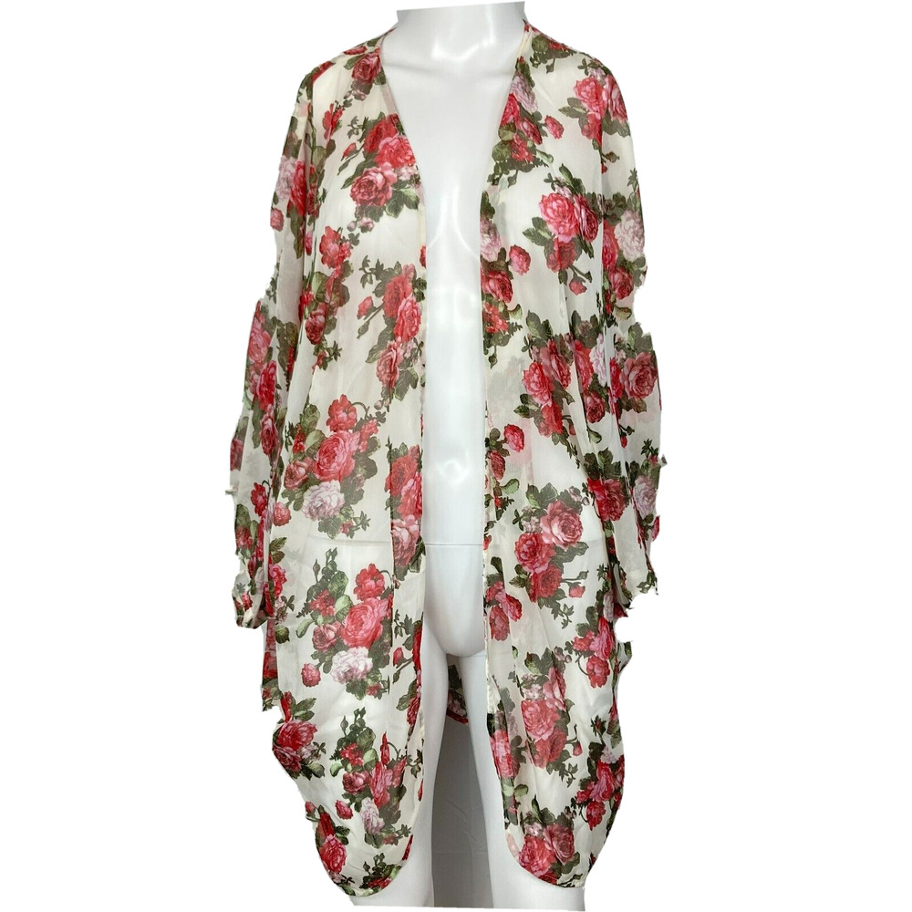 Aakaa Kimono Womens Sz S Ivory Pink Floral Chiffon Wrap Open Flowy Sleeves